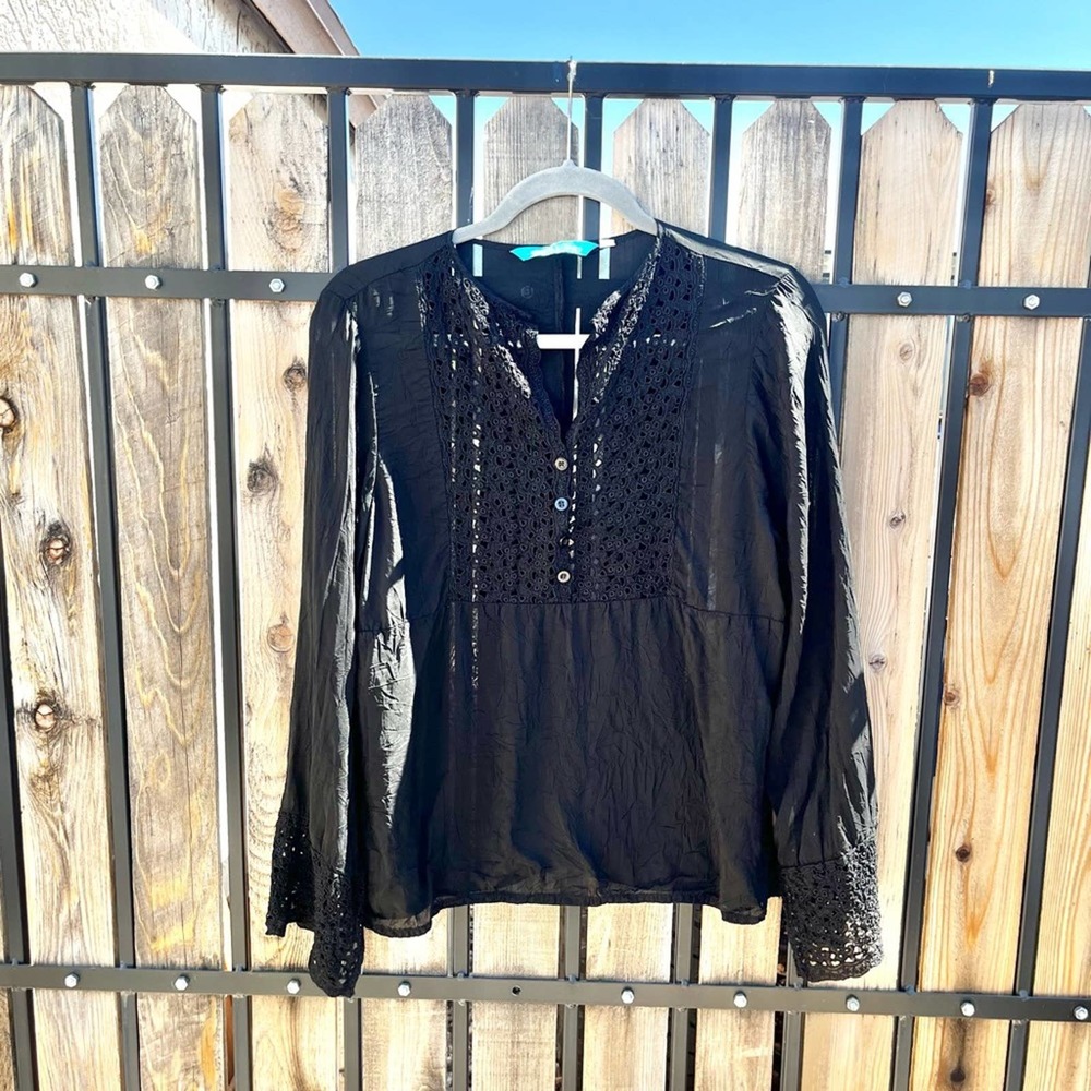 JOHNNY WAS Black Lace Neckline Blouse